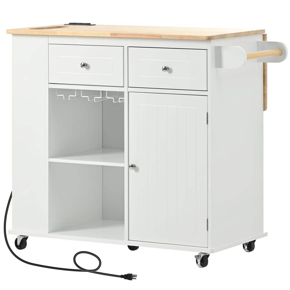 White Outdoor Grill Cart Kitchen Island with Power Outlet Open Storage and 