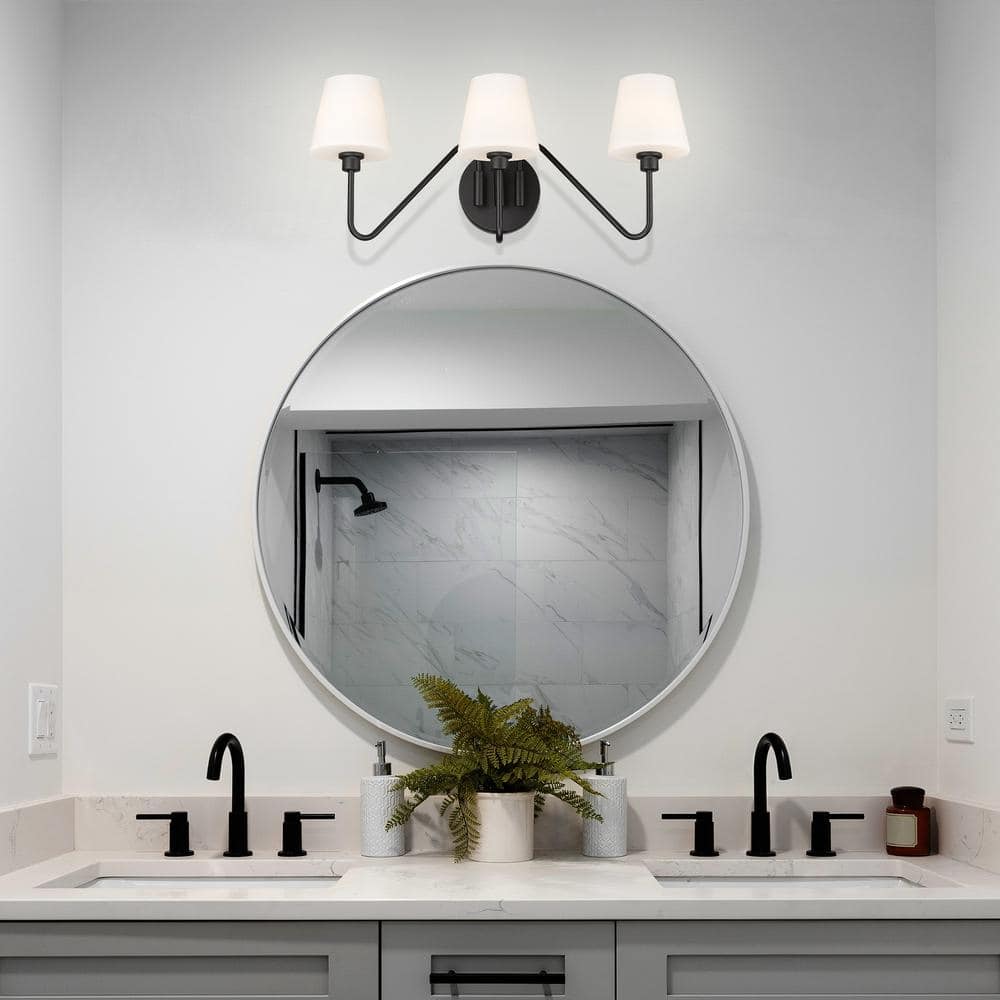 Kennedy Black Dimmable 3-Light Bath Vanity with Opal Glass Shades
