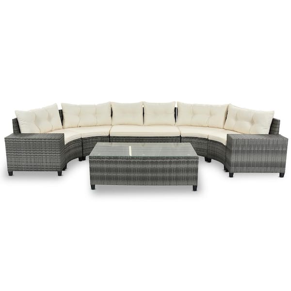 Utopia 4niture Primo 8-Piece Gray Wicker Outdoor Sectional Set with Beige Cushions and Glass Top Coffee Table