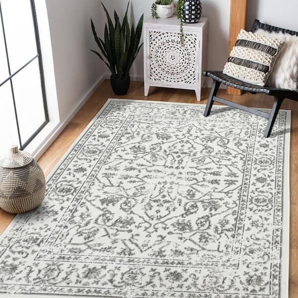 Alpine 9 x 12 Light Gray Bordered Pattern Area Rug for High Traffic Living Room Dining Room Bedroom