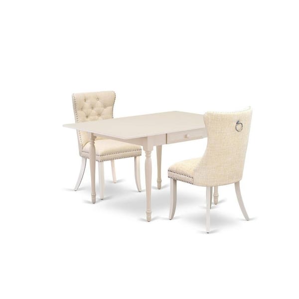 East West Furniture 3-Piece Linen White Finish Rectangular Solid Wood Top with Dropleaf Dining Table Set