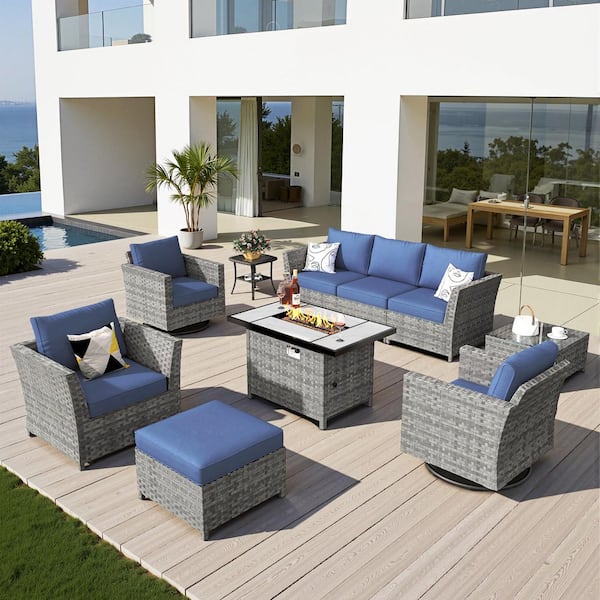 Auris Gray 10-Piece Wicker Patio Conversation Set with 50000 BTU Rectangle Fire Pit, Denim Blue Cushion and Swivel Chair