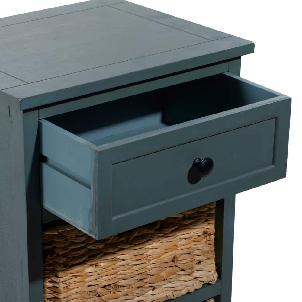 Teal Solid Wood Rectangular Side Table with Seagrass Baskets and Drawer