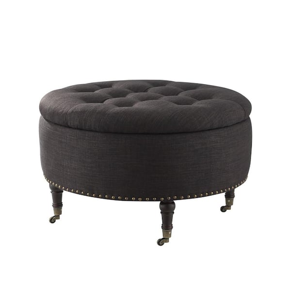 HomeRoots Charcoal 100% Linen Round Storage Ottoman 31.7 L x 31.7 W x 19.5 H Ottoman