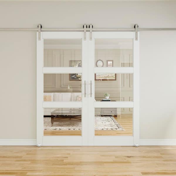 72 in. x 80 in. 3-Lite Tempered Clear Glass White Primed Solid Core MDF Sliding Barn Door with Hardware Kit Nickel
