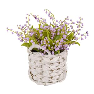 11 in. Artificial Floral Arrangements Lily of the Valley Bouquet in White Basket