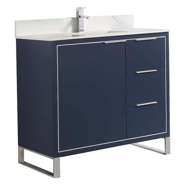 FINE FIXTURES Opulence 36 in. W x 18 in. D x 33.5 in. H Bath Vanity in Navy Blue with White Carrara Single sink Top