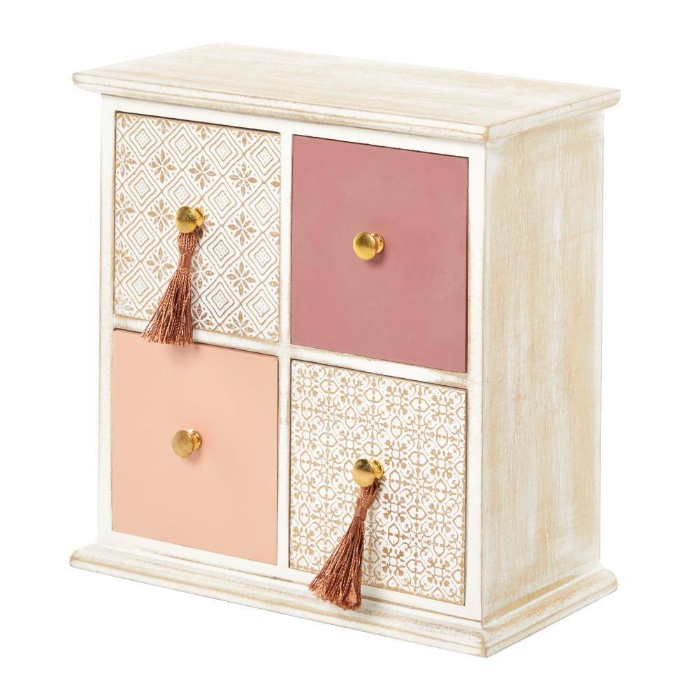 Whitewashed Boho Chic 4-Drawer Wood Jewelry Box with Tassel Knobs