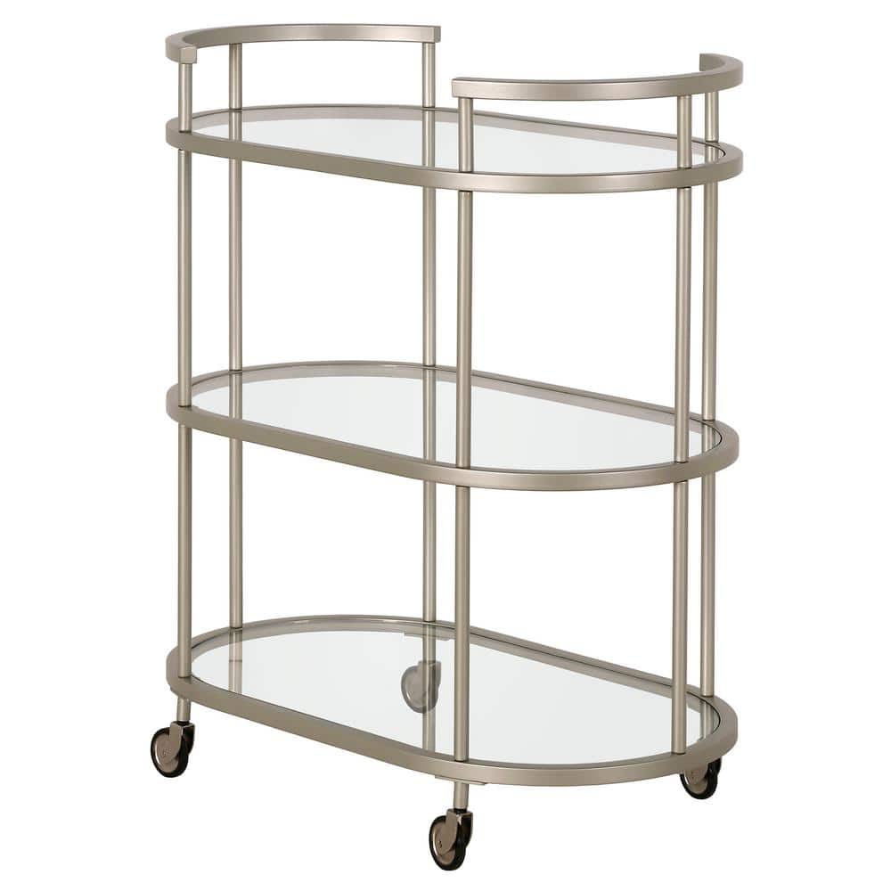 Evelyn&Zoe Satin Nickel Oval Bar Cart with Tempered Glass Shelves