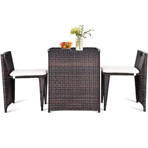 Brown 3-Piece Wicker Patio Conversation Set with White Cushions