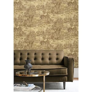 60.75 sq. ft. Metallic Toffee Morin Fountain Toile Unpasted Paper Wallpaper Roll