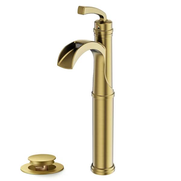 Waterfall Single Hole Single Handle Bathroom Vanity Faucet with Deckplate Pop Up Drain Included in Gold