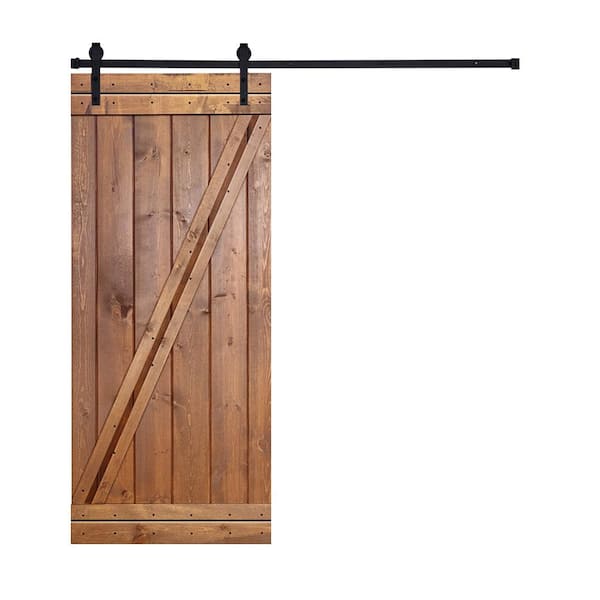 AIOPOP HOME Modern Z Style Series 30 in. x 84 in. Mahogany Red stained Knotty Pine Wood DIY Sliding Barn Door with Hardware Kit