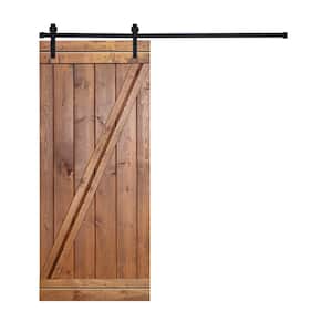 Modern Z Style Series 36 in. x 84 in. Mahogany Red stained Knotty Pine Wood DIY Sliding Barn Door with Hardware Kit