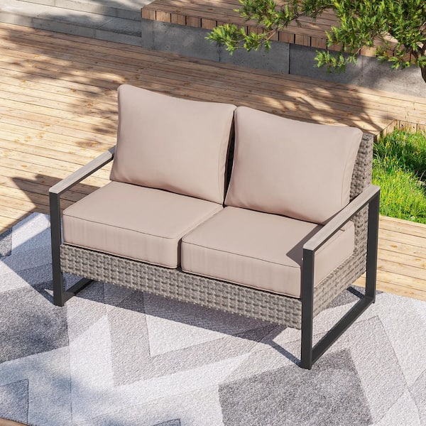 Outdoor Loveseat Sofa Patio Conversation Set 2 Seater Furniture with High Back and Gray Wicker Sand Cushions