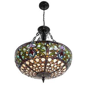 19.68 in. 5-Light Multi-Color Vintage Tiffany Shaded Pendant Light with Stained Glass Shade, No Bulbs Included