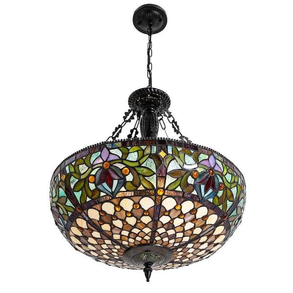 OUKANING 19.68 in. 5-Light Multi-Color Vintage Tiffany Shaded Pendant Light with Stained Glass Shade, No Bulbs Included