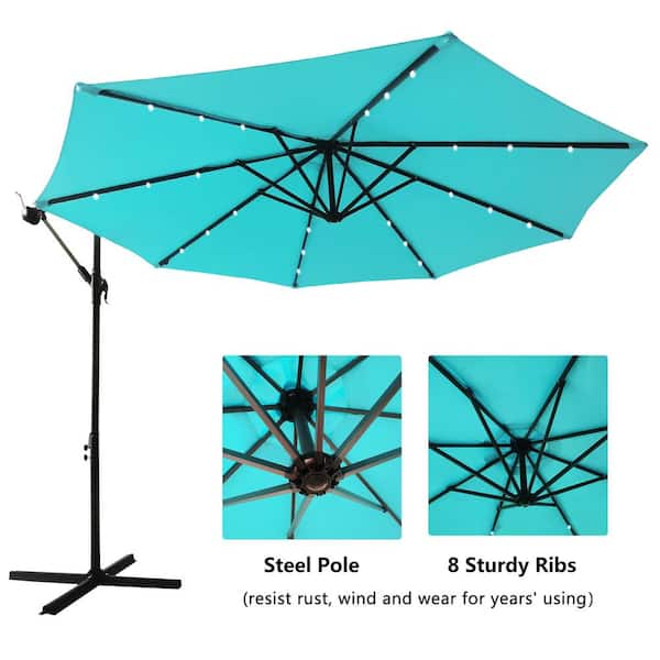ouoteto 10 ft. Solar LED Patio Outdoor Offset Lighted Hanging Cantilever Umbrella in Blue with 24 LED Lights