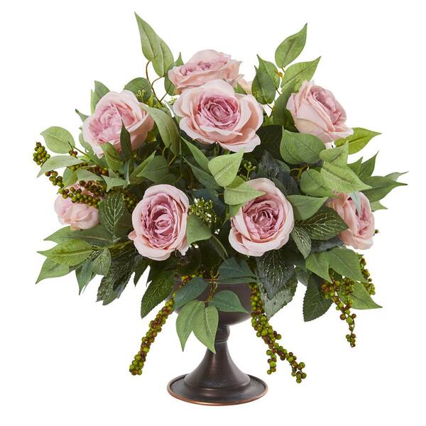 Nearly Natural Roses and Mix Greens Artificial Arrangement in Metal Chalice