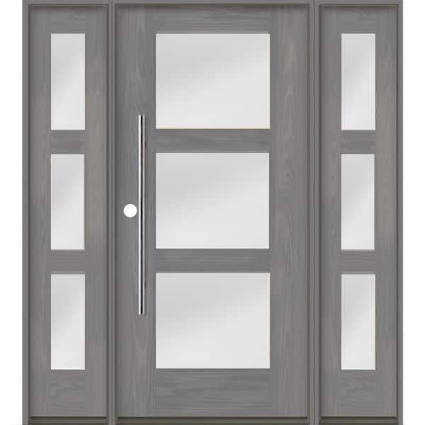 Krosswood Doors Faux Pivot 64 in. x 80 in. 3-Lite Right-Hand/Inswing Satin Glass Malibu Grey Stain Fiberglass Prehung Front Door w/DSL