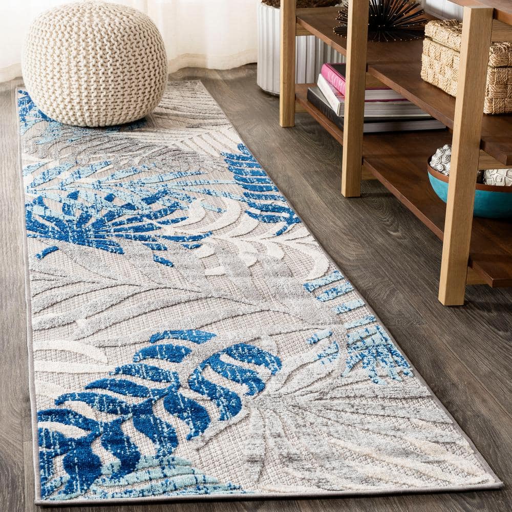 Gray and Blue Tropical Palm Leaves Synthetic Runner Rug
