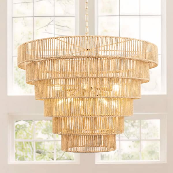 31.5 in. 12-Light Hand Woven Rattan Pendant Light, Boho Brown Large Farmhouse 5-Tier Rattan Chandelier for Living Room