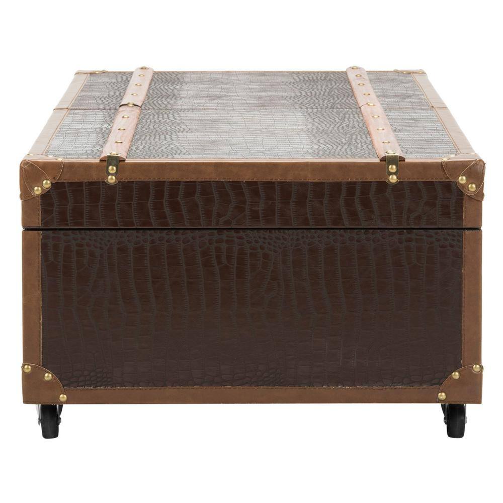 Transitional Mix Walnut and Brass Storage Trunk Coffee Table