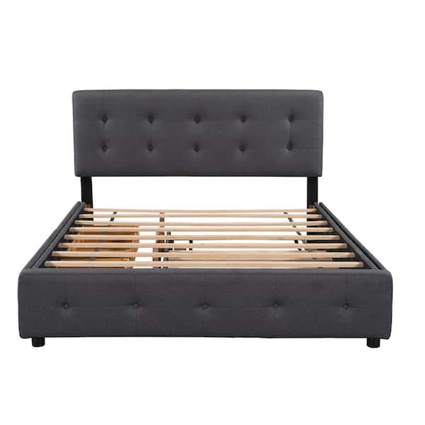 Z-joyee 64.5 in. W Dark Gray Wood Frame Queen Platform Bed with Drawer