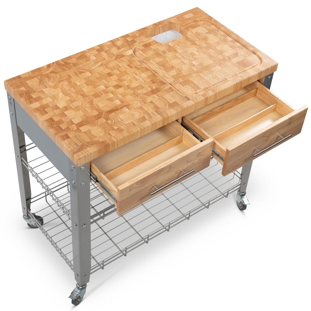 Natural Wood and Metal Kitchen Cart with Spice Rack