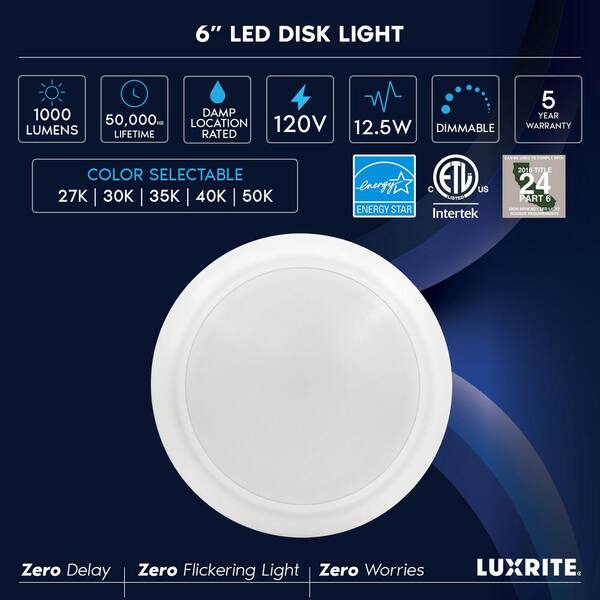 Luxrite Slim 12 Inch LED Flush Mount Ceiling Light, 22W 1400LM, 5CCT 2700K- 5000K, Dimmable, Wet Rated - Black - On Sale - Bed Bath & Beyond - 41586115