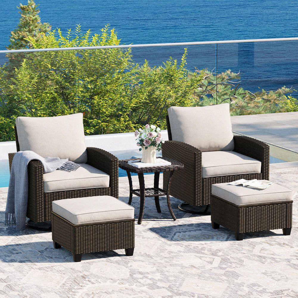 5-Piece Wicker Outdoor Patio Conversation Set with Chairs, Ottomans and Glass Table with Beige Cushions price history on PriceWatchPro
