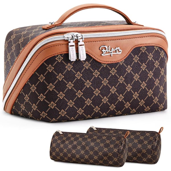 Large Capacity 3 Piece Makeup Bag Set Waterproof Vegan Leather Cosmetic Organizer with Compartments, Portable Travel Bag