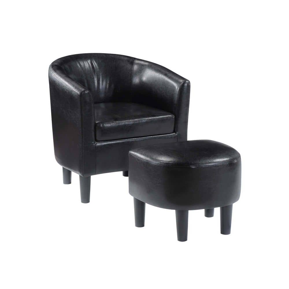 Contemporary Black Faux Leather Barrel Accent Chair and Ottoman