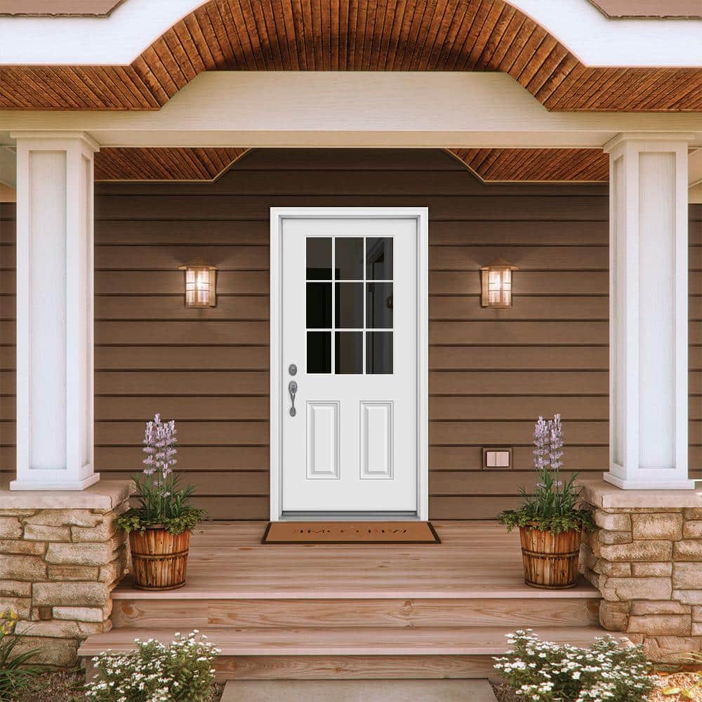 JELD-WEN 32 in. x 80 in. 9 Lite Primed Fiberglass Prehung Entry