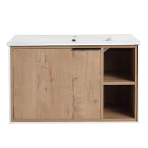 30 in. W Plywood Floating Wall-Mounted Bathroom Vanity with White Ceramics Sink, Soft-Close Cabinet Door, Imitative Oak
