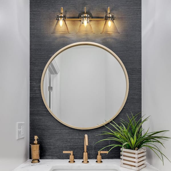 Modern Black and Gold Bathroom Vanity Light, 23.6 in. 3-Light Brass Bell Wall Sconce with Clear Glass Shades