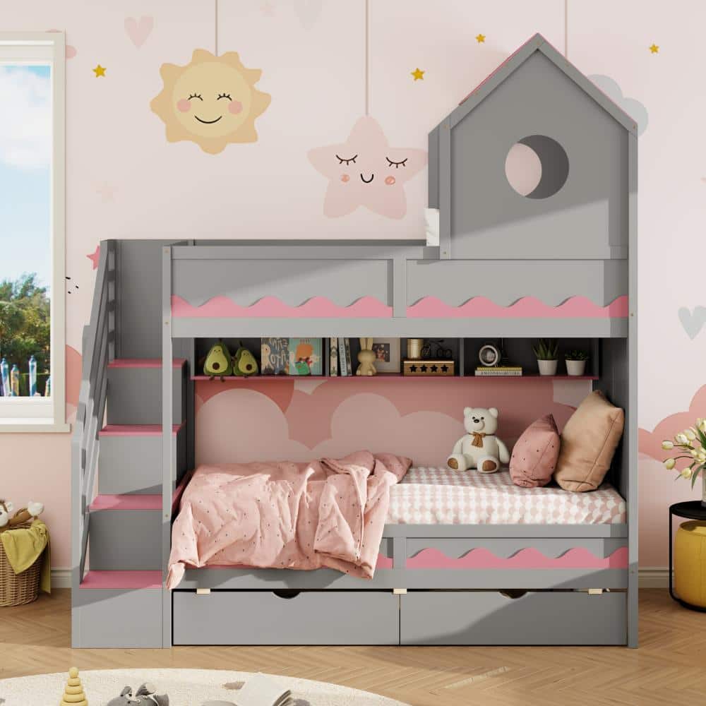 Gray Twin Over Twin Bunk Bed with House-Shaped Roof and Storage Stairs, 2 Under-bed Drawers, Shelves, LED Light price history on PriceWatchPro