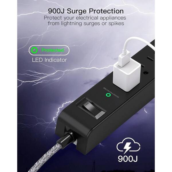 EKIEUDL - 6-Outlet Power Strip Surge Protector with 4 USB Port 5 ft. Extension Cord, Wall Mount in Black