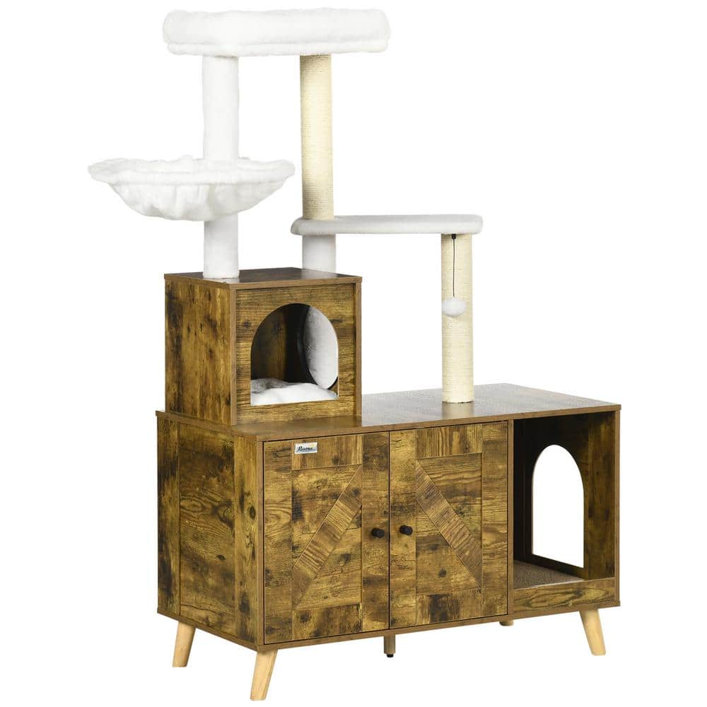 Rustic Brown Wooden Cat Tree with Litter Box Enclosure and Sisal Posts