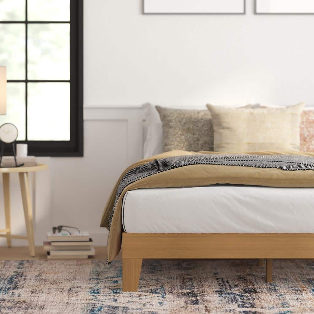 Natural Pine Queen Platform Bed with Storage Drawer and Slats