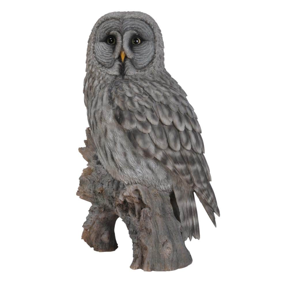 Grey Polyresin Owl on Tree Stump Statue
