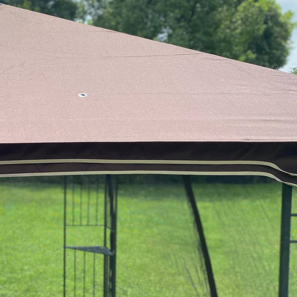 10x10 Brown Steel Patio Gazebo with Double Roof and Mosquito Netting