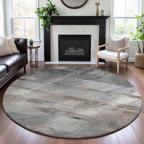 Mayfield Premium Machine Washable Abstract AMF1535 Taupe 8 ft. x 8 ft. Round Rug