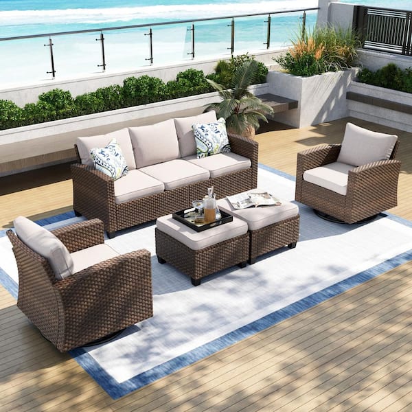 PHI VILLA Brown Rattan Wicker 7 Seat 5-Piece Steel Patio Outdoor Sectional Set with Beige Cushions,2 Swivel Chairs,2 Ottomans