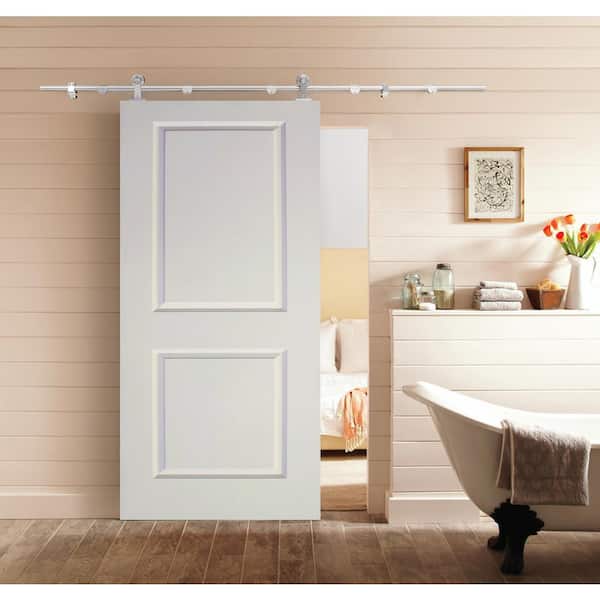 Top Mount Door Track Hardware and 36 in. White Primed MDF Raised 2 Panel Interior Sliding Barn Door Top Mount Door Track Hardware and 36 in. White Primed MDF Raised 2 Panel Interior Sliding Barn Door