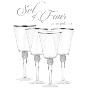(Set of 4) Wine Glass 14.7 oz. with Rhinestone Design and Silver Rim