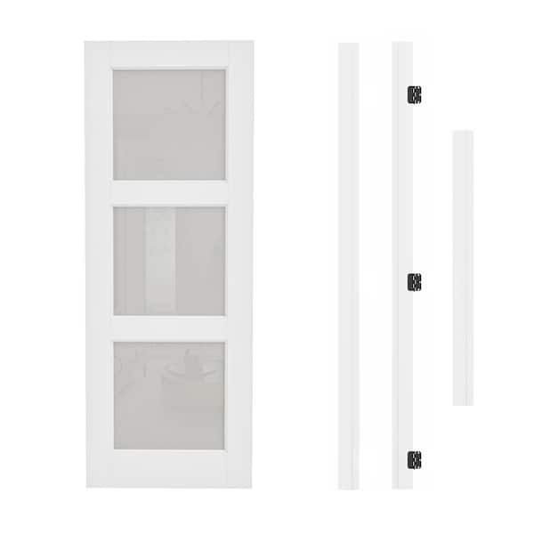 30 in. x 80 in. 3-Lite Frosted Glass Right Hand White Solid Core Assembly Required Single Interior Door