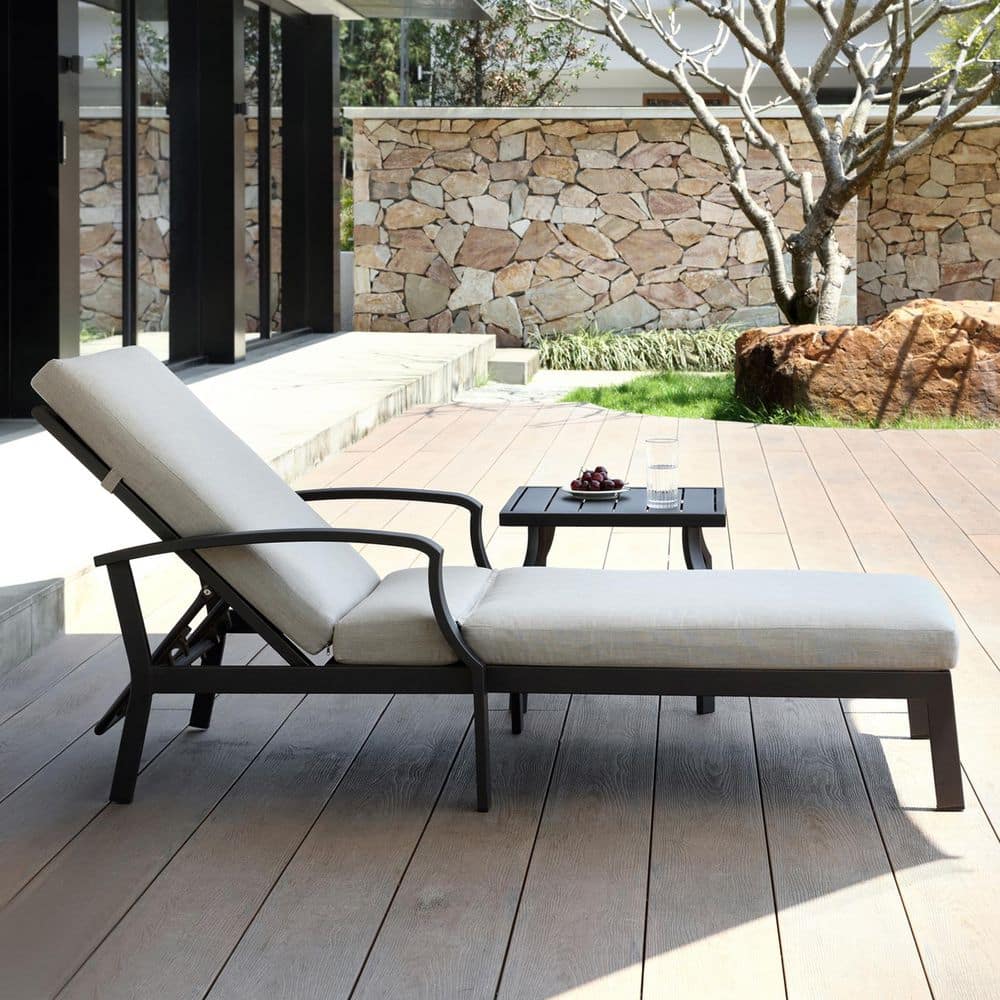 Black Aluminum 2-Piece Outdoor Patio Chaise Lounge Chair with Side Table and Light Taupe Cushions