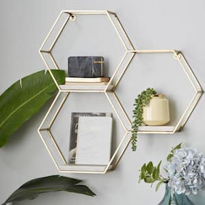 24 in.  x 24 in. Gold Hexagon 3 Marble Shelves Marble Wall Shelf