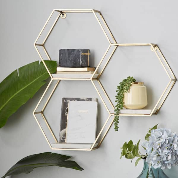24 in. x 24 in. Gold Hexagon 3 Marble Shelves Marble Wall Shelf